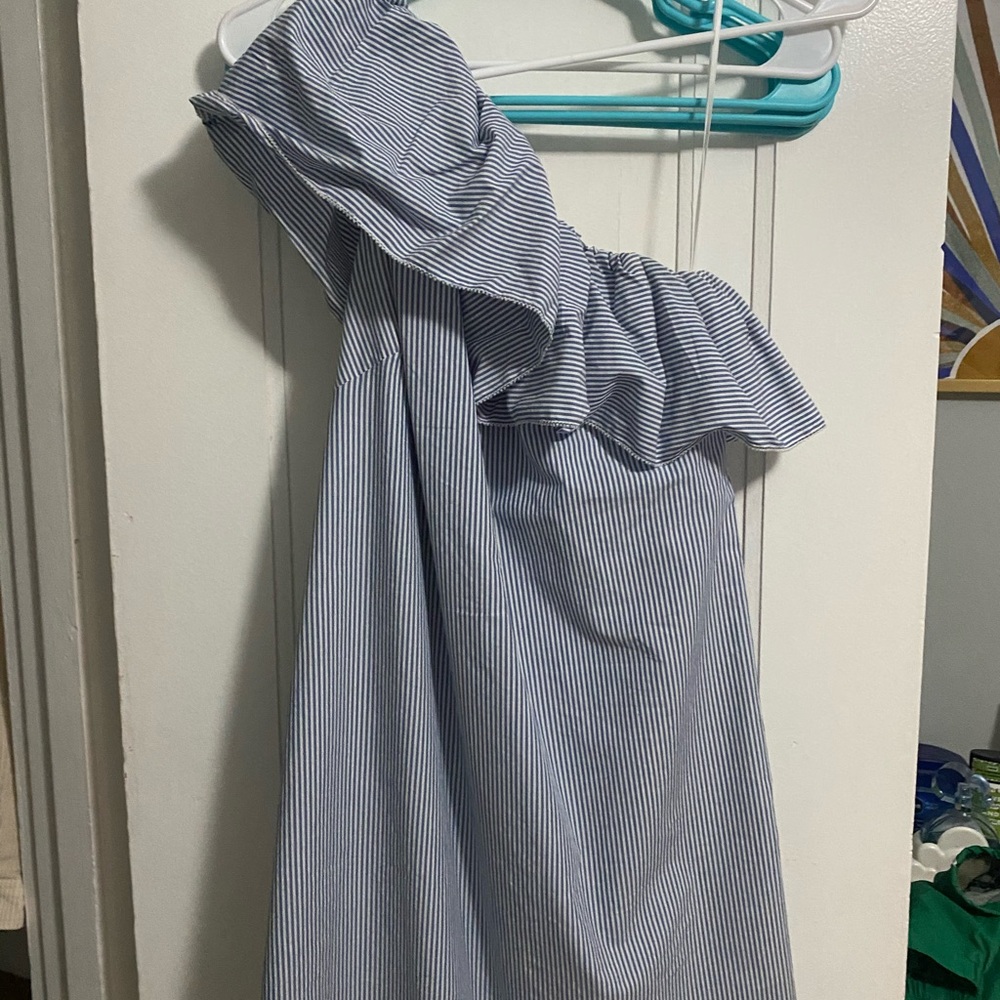Seersucker one shoulder dress